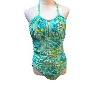 Bleu Rod Beattie Turquoise Floral Pineapple Halter One Piece Swimsuit Size 14